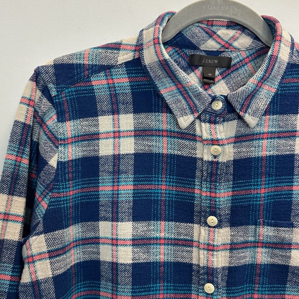 J.Crew Plaid Flannel Button Up Shirt Blue Pink Teal 10